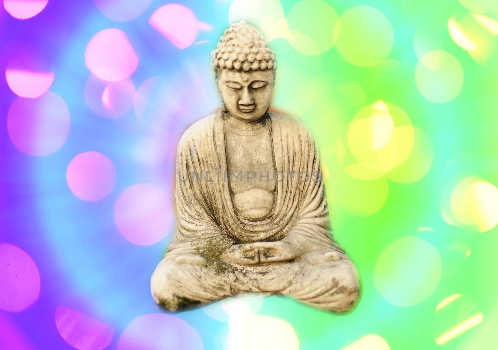 rainbow retro buddha in meditation