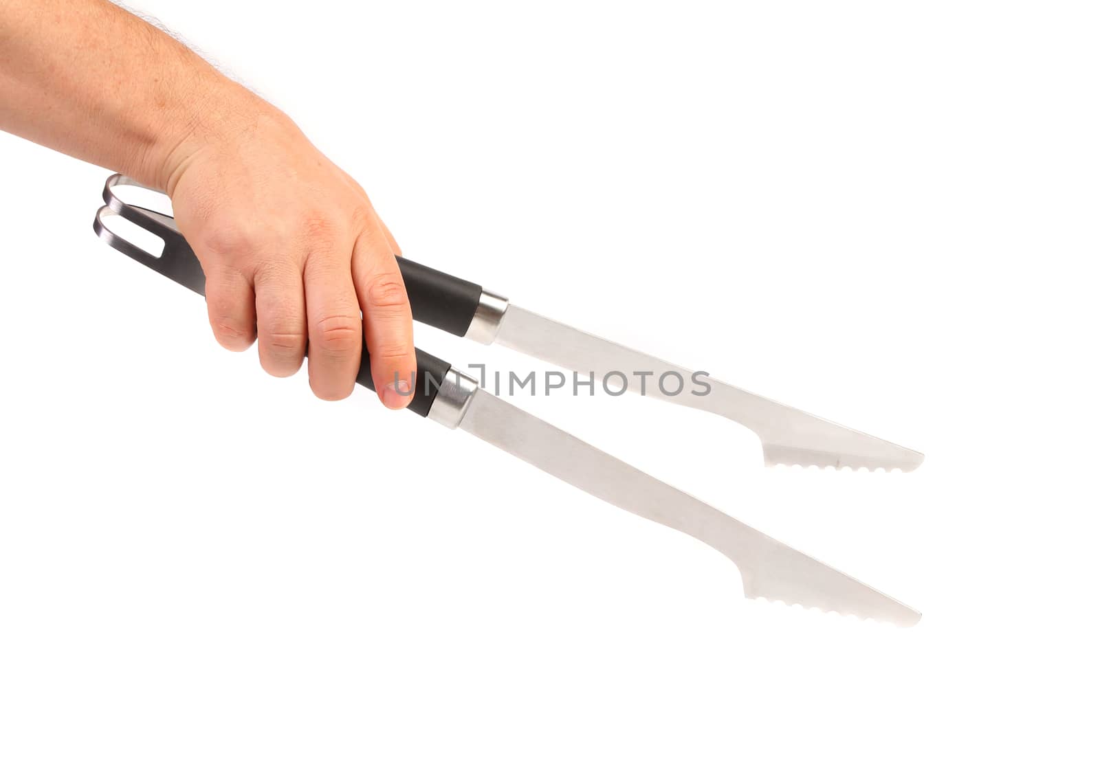 Hand holding bbq tongs. Isolated on a white background.