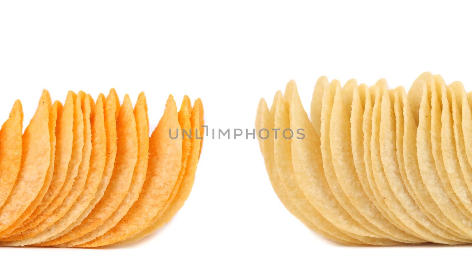 Two row of potato chips on a white background