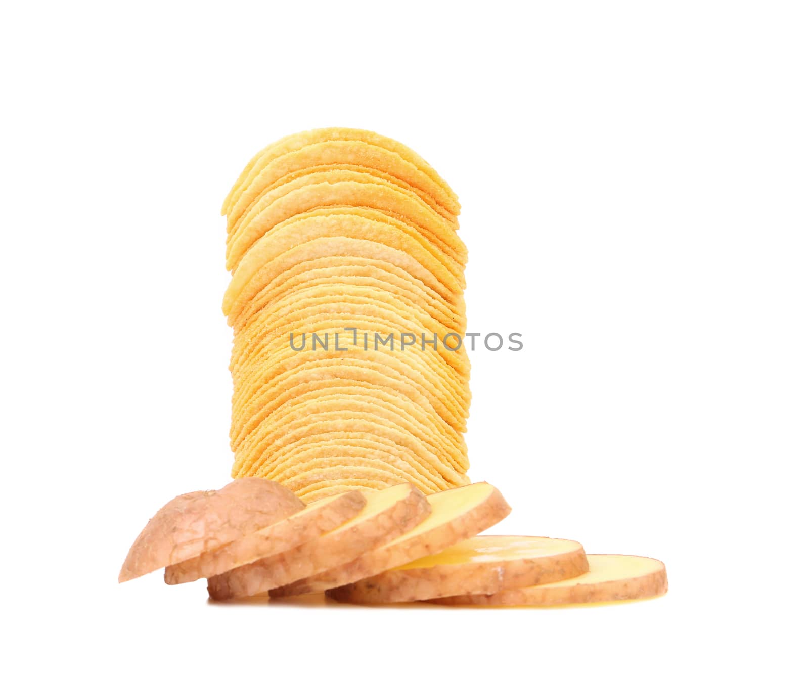 Stack of chips and sliced potato. White background.