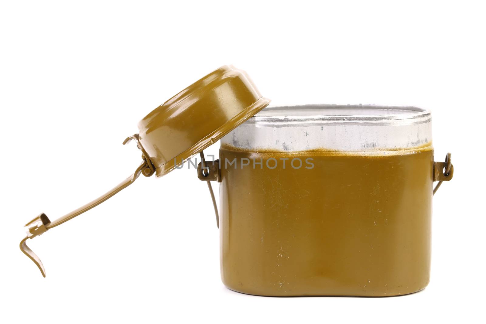 Openeg green aluminum military mess-tin isolated on white with clipping path