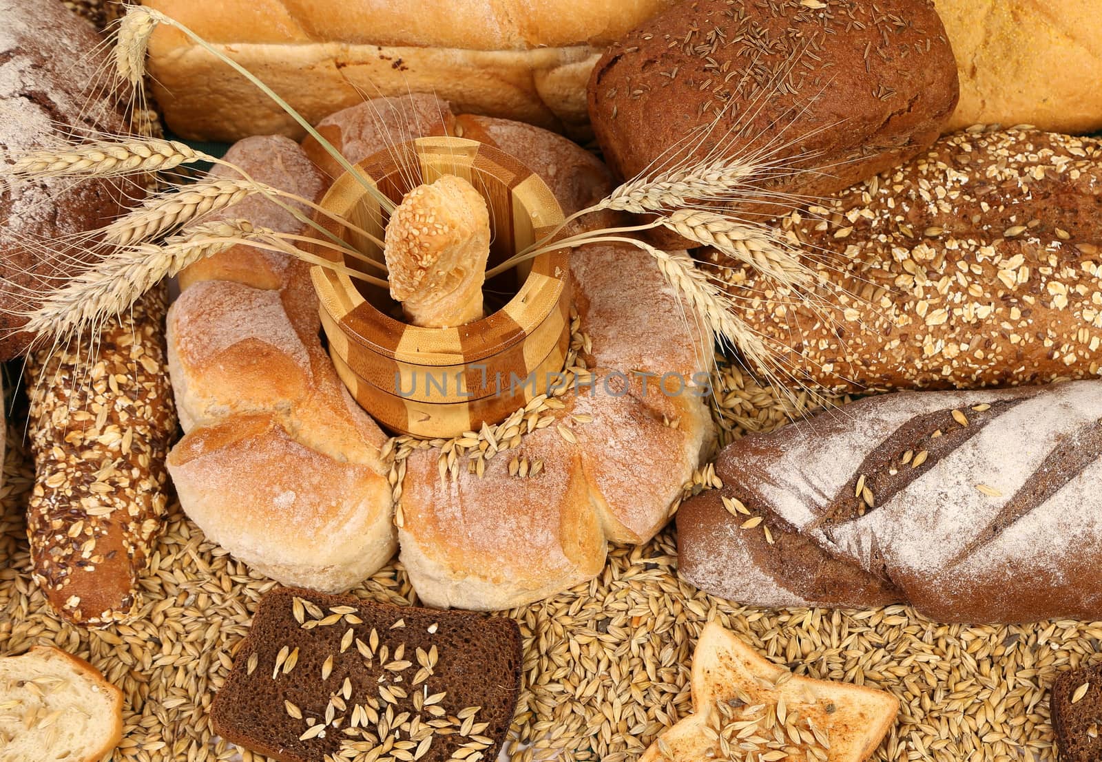 Bread composition. Close up. On whole background.