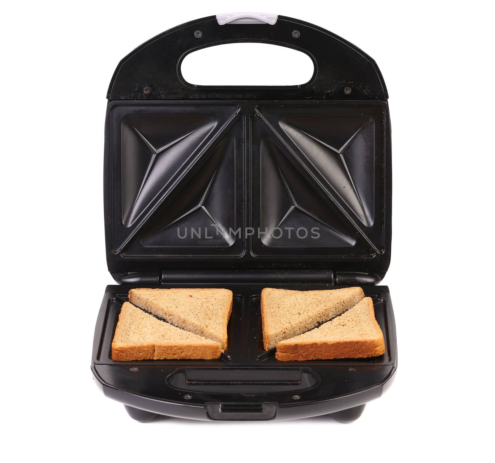 Sandwich toaster with bread slices. White background.