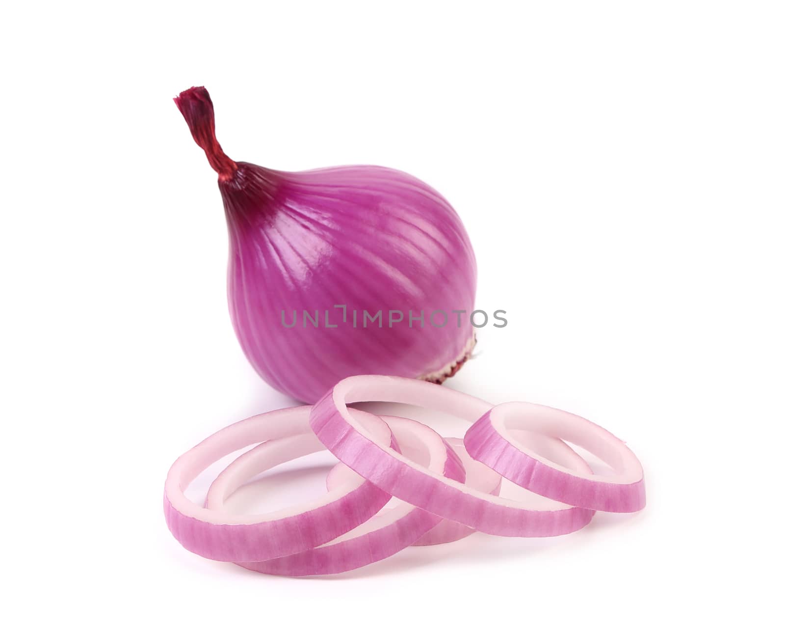 Violet onion and rings. Isolated on a white background.