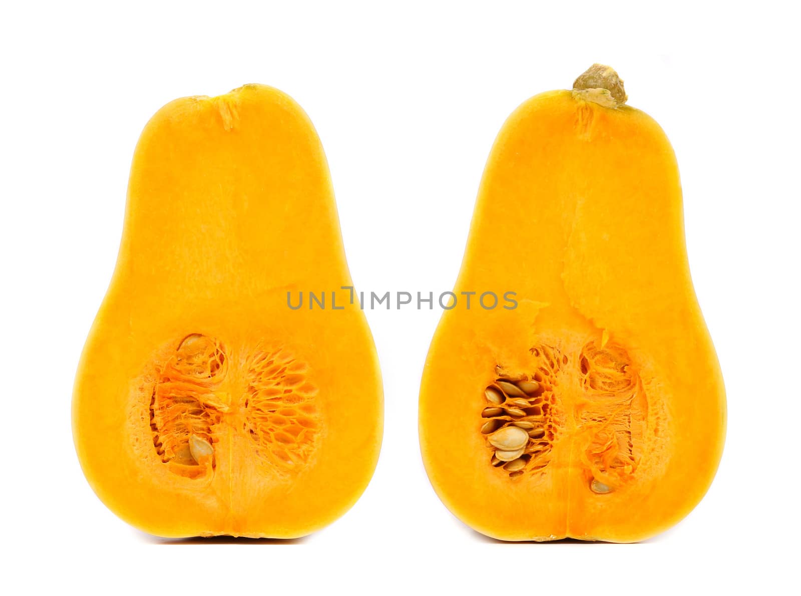 Two half of fresh pumpkin. White background.