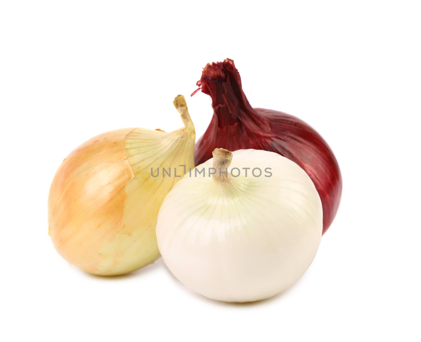 Three different kinds of onions. White background.