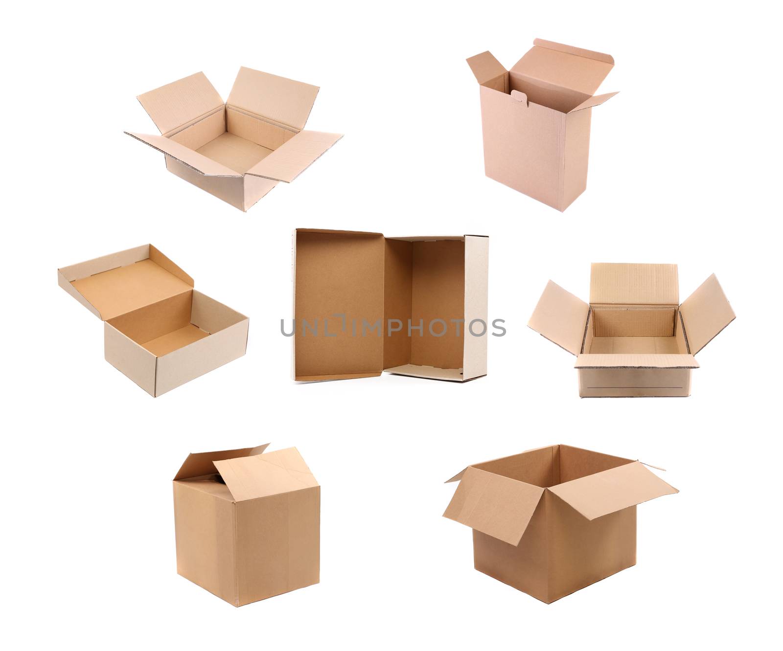 Opening variety carton boxes. Isolated on a white background.