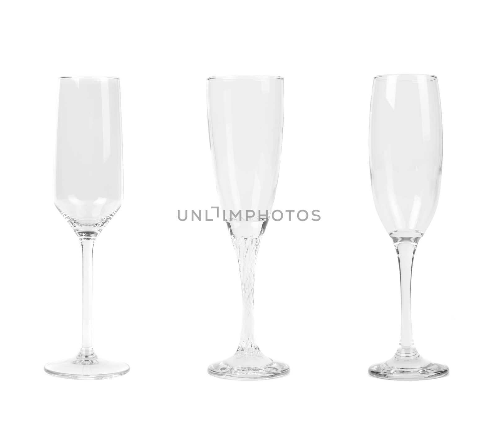 Three different tall wineglasses. Isolated on a white background.