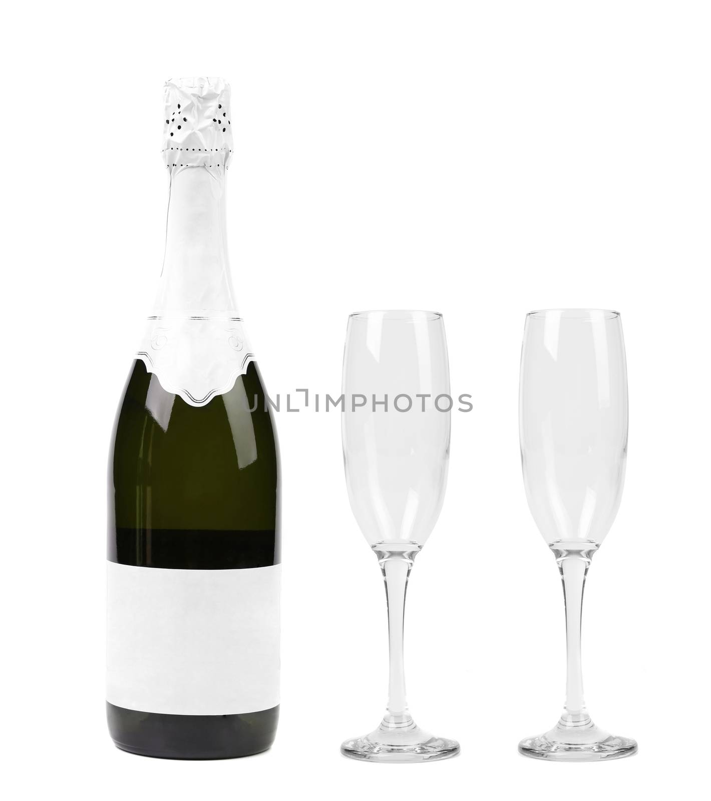 Champagne bottle and two glasses isolated on white