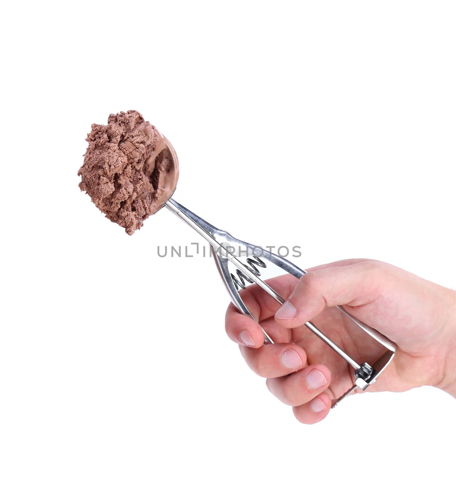 Hand holds scoop with chocolate ice cream. White background.