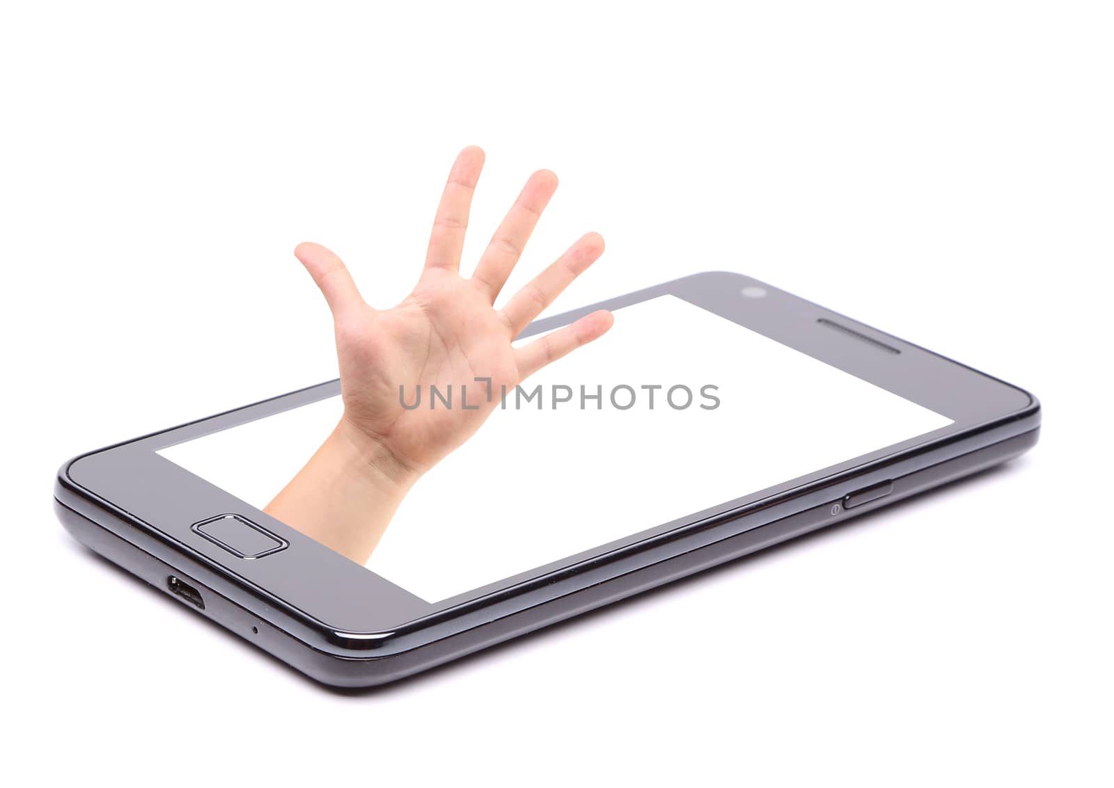 Bunch of fives protrudes from phone. White background.