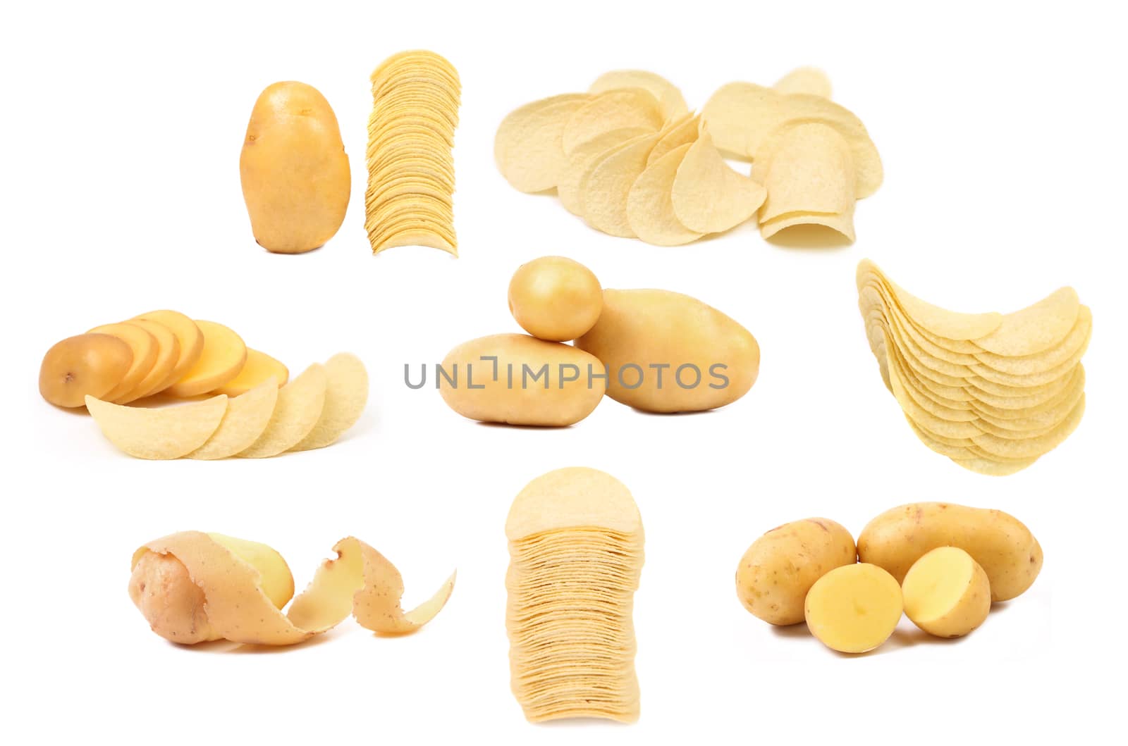 Collage of potatoes slices a chips. White background.