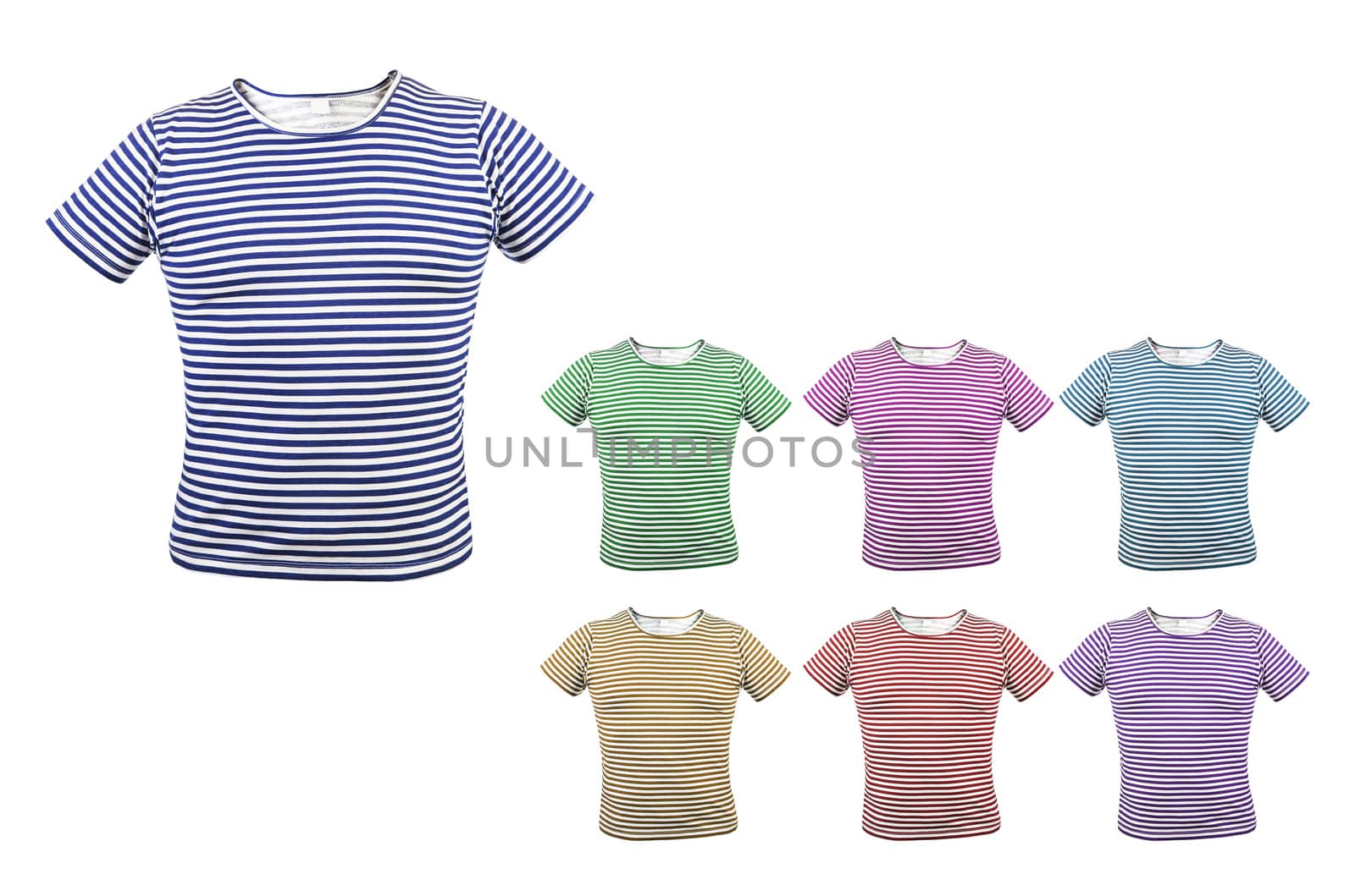 Different colour striped T-shirt. Front. White background.