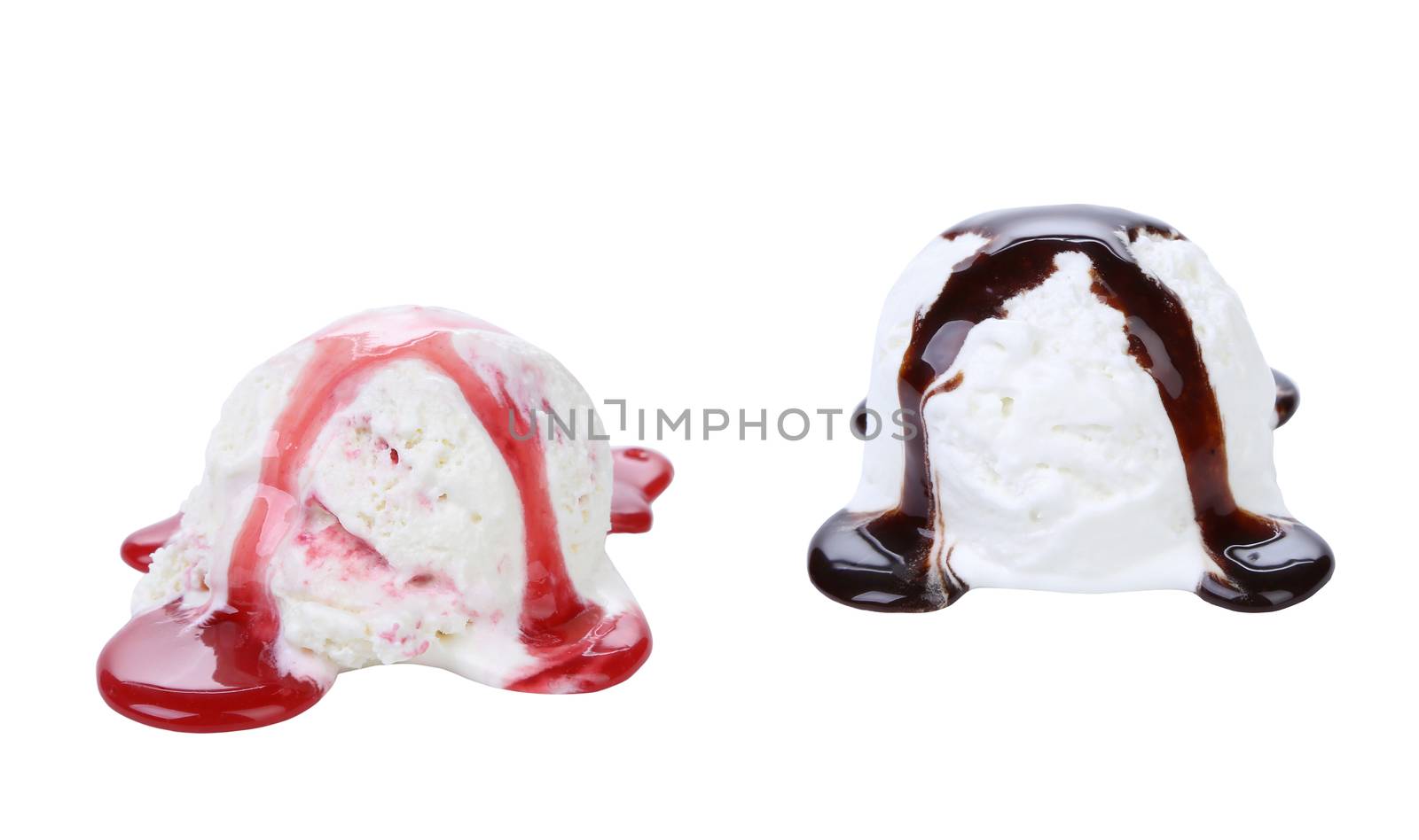 Collage of ice cream with red and chocolate syrop. White background.