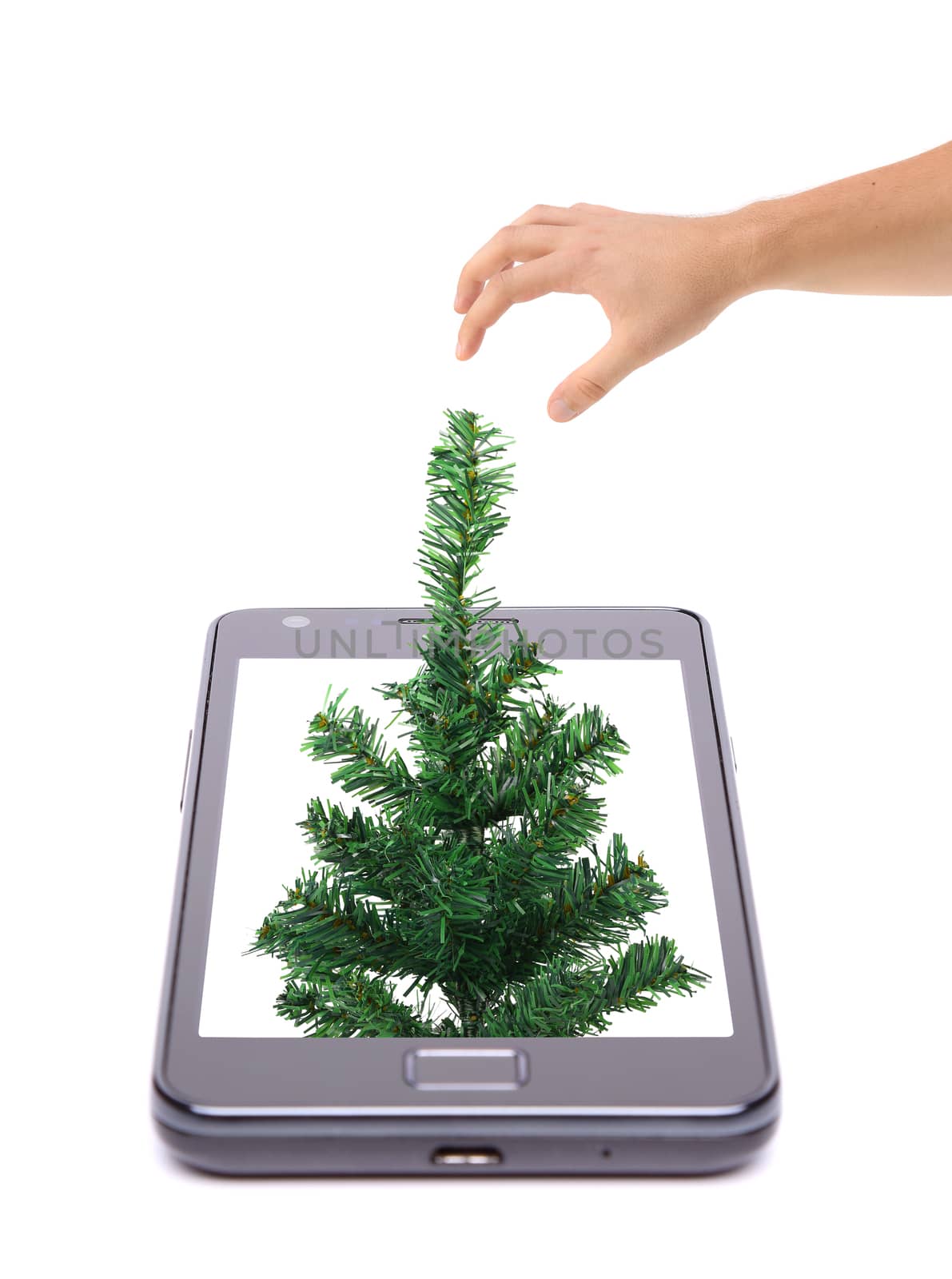 Christmas tree grows from phone. White background.
