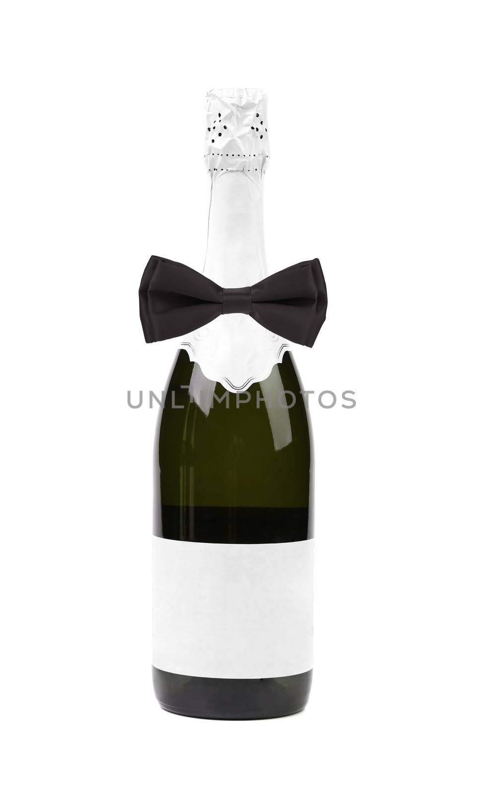 Black bow tie on bottle of champagne. White background.
