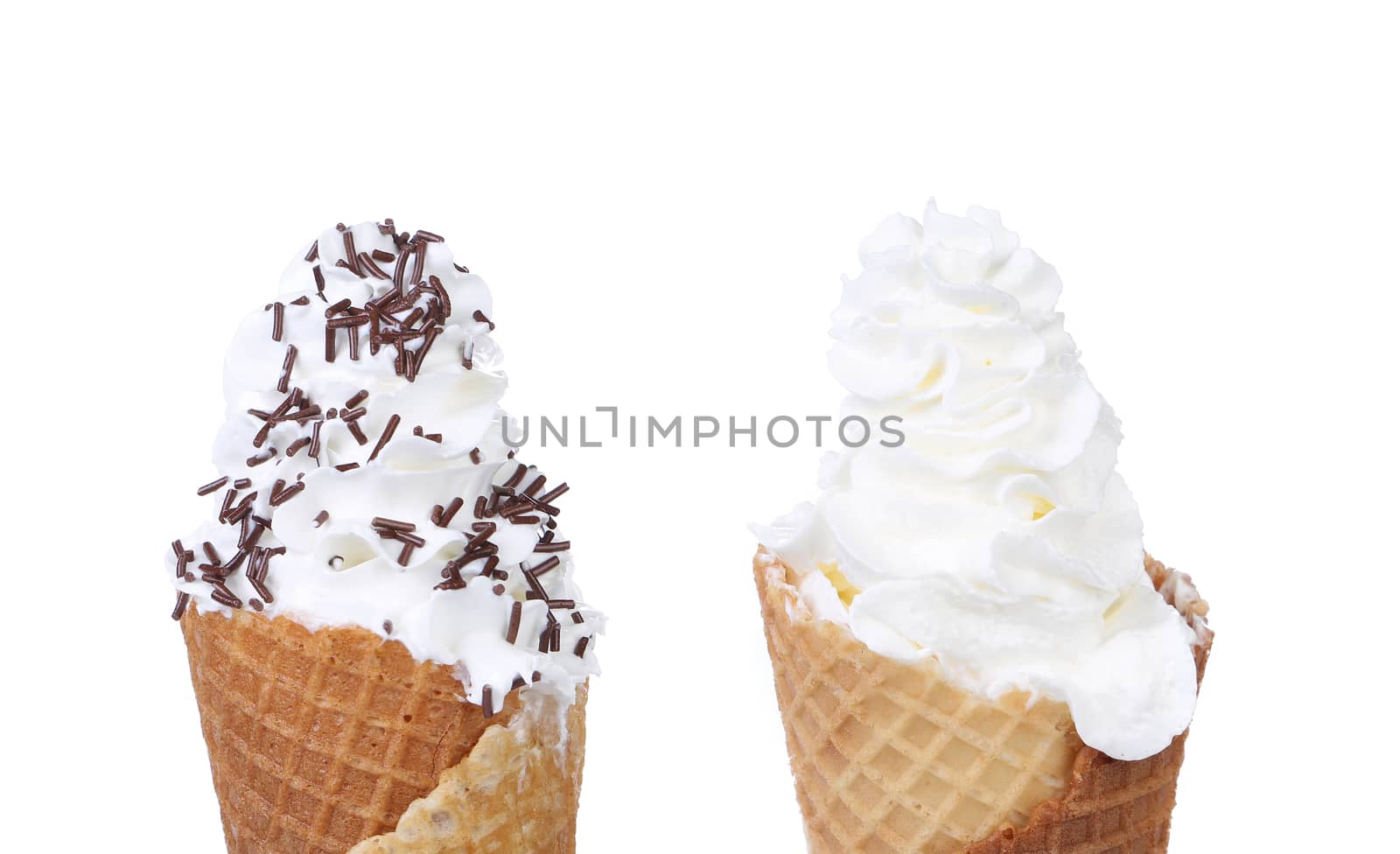 Ice cream with and without sprinkles chocolate. White background.