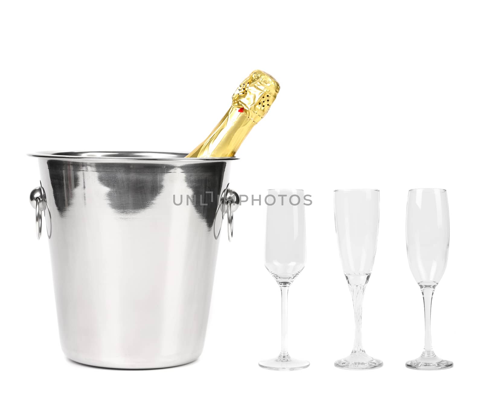 Bottle of champagne in cooler and three glasses. White background.
