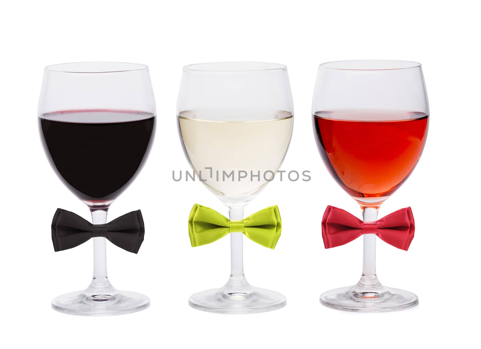 Three glasses of wine and bow tie. White background.