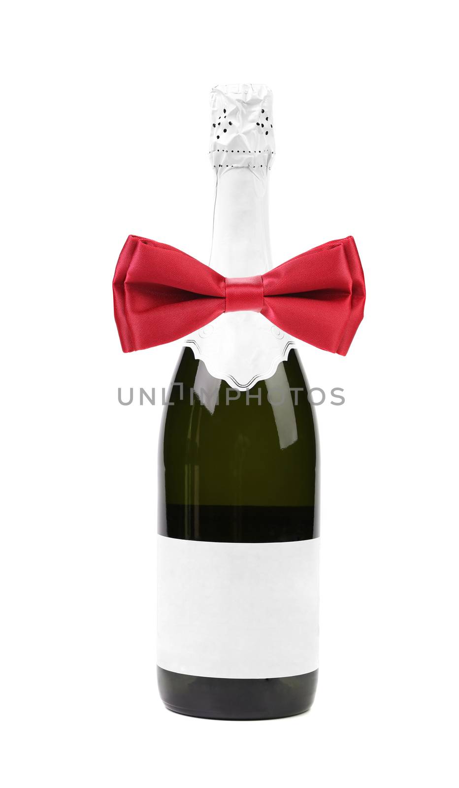 Bottle of champagne and red bow tie. White background.
