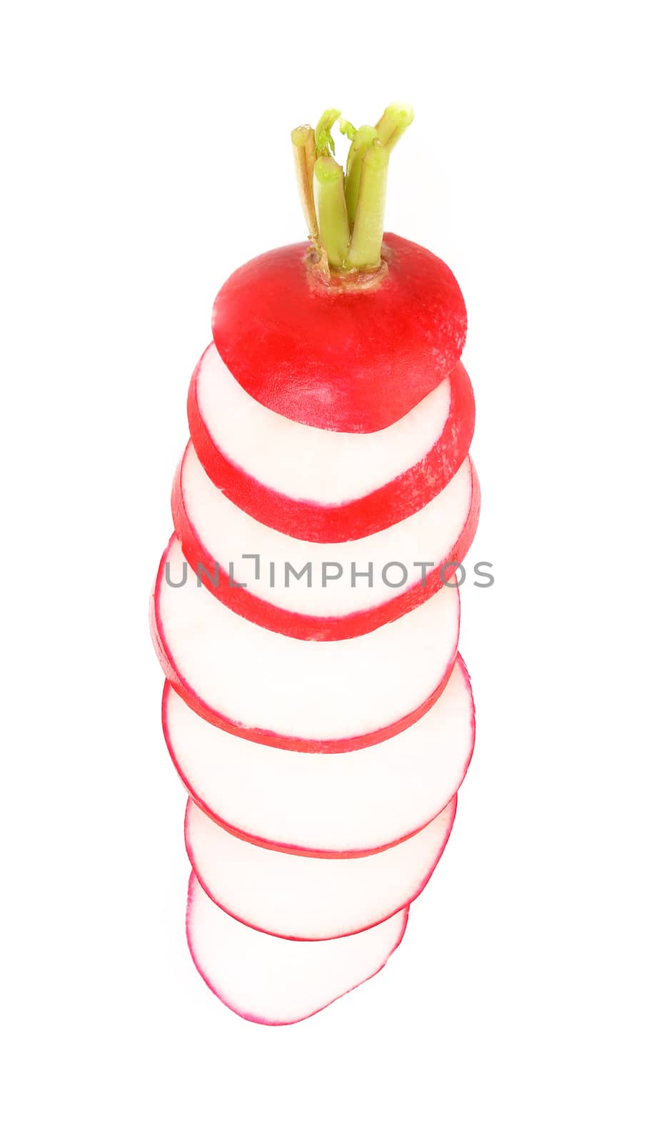 Lined radish slices on a white background