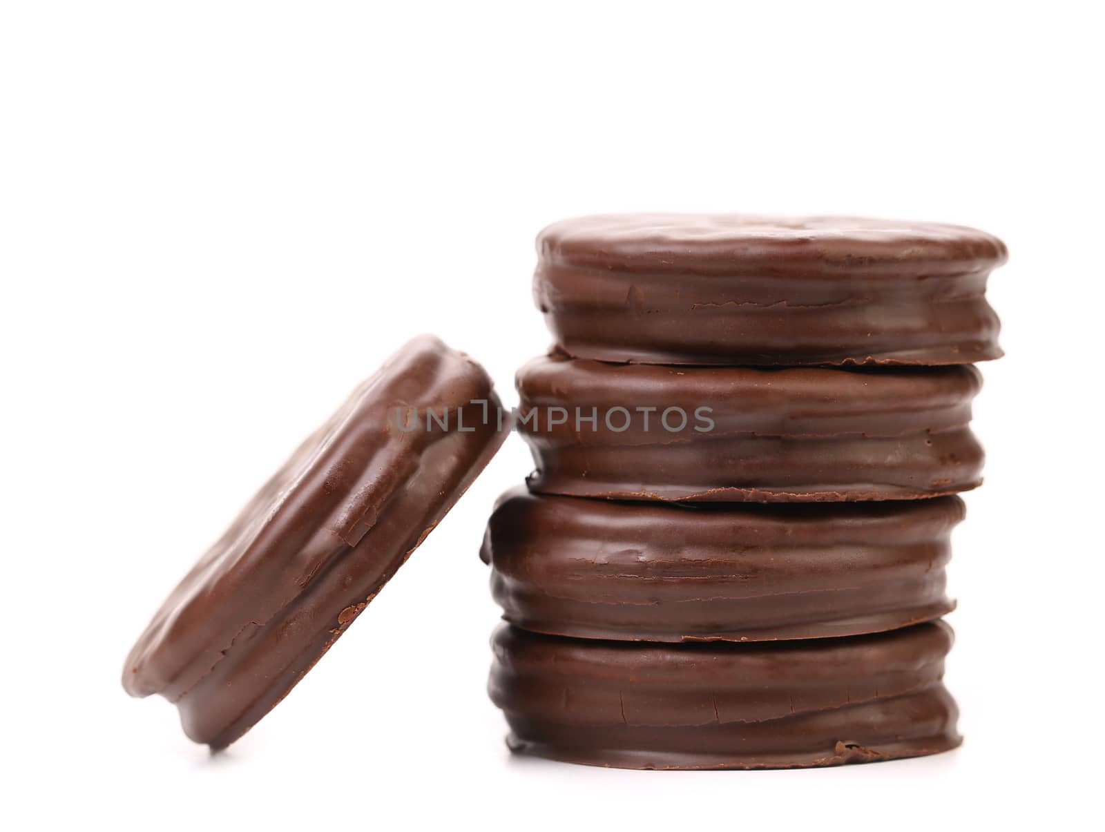 Stack biscuit sandwich with chocolate. White background.