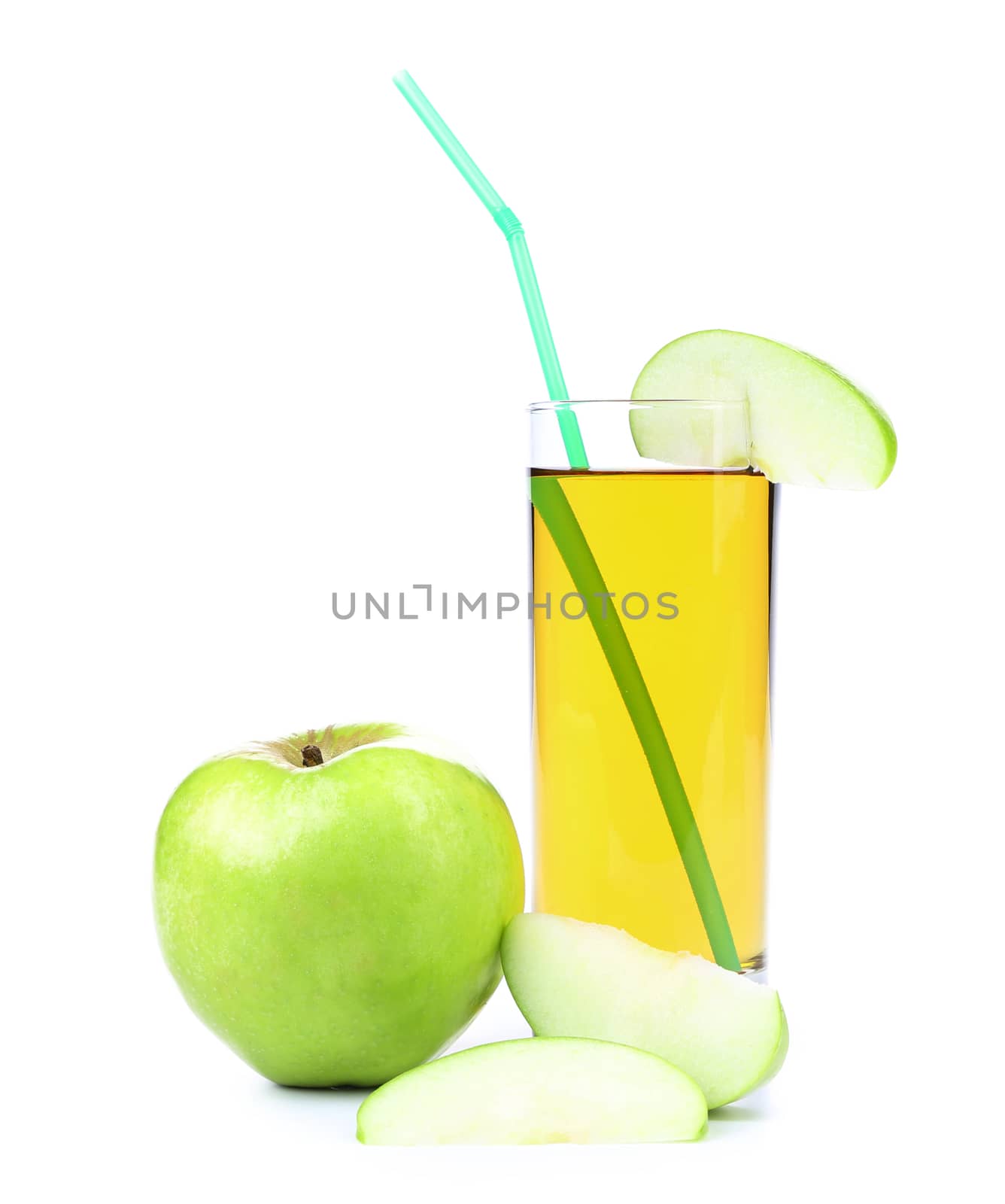 Green apple with juice on a white