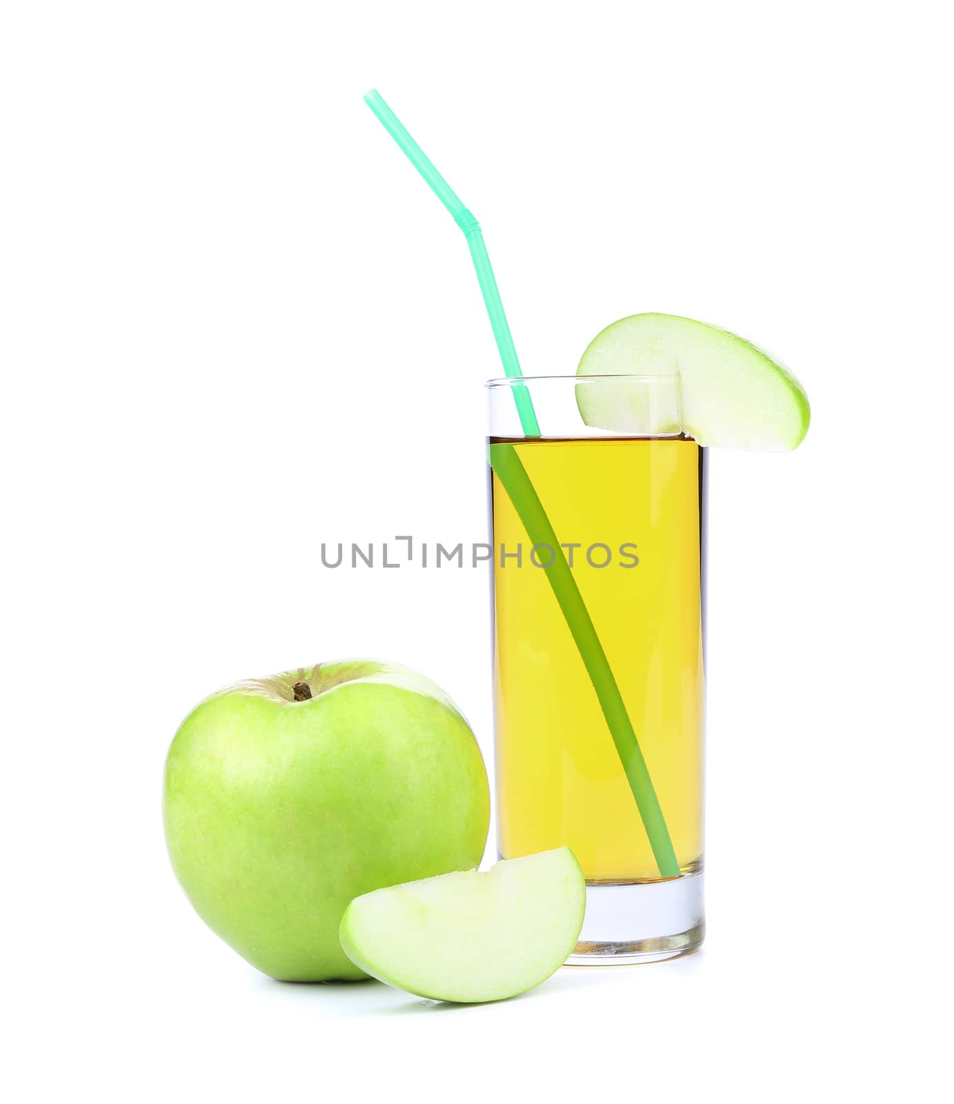 Green apple with juice. Slice of apple