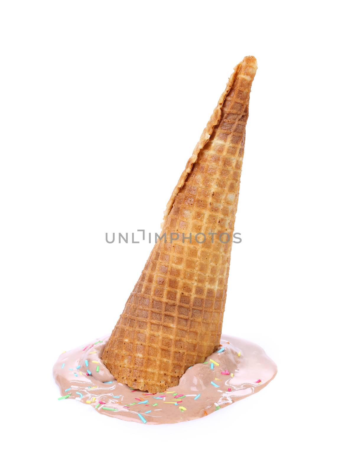 Chocolate ice cream cone fallen. White background.