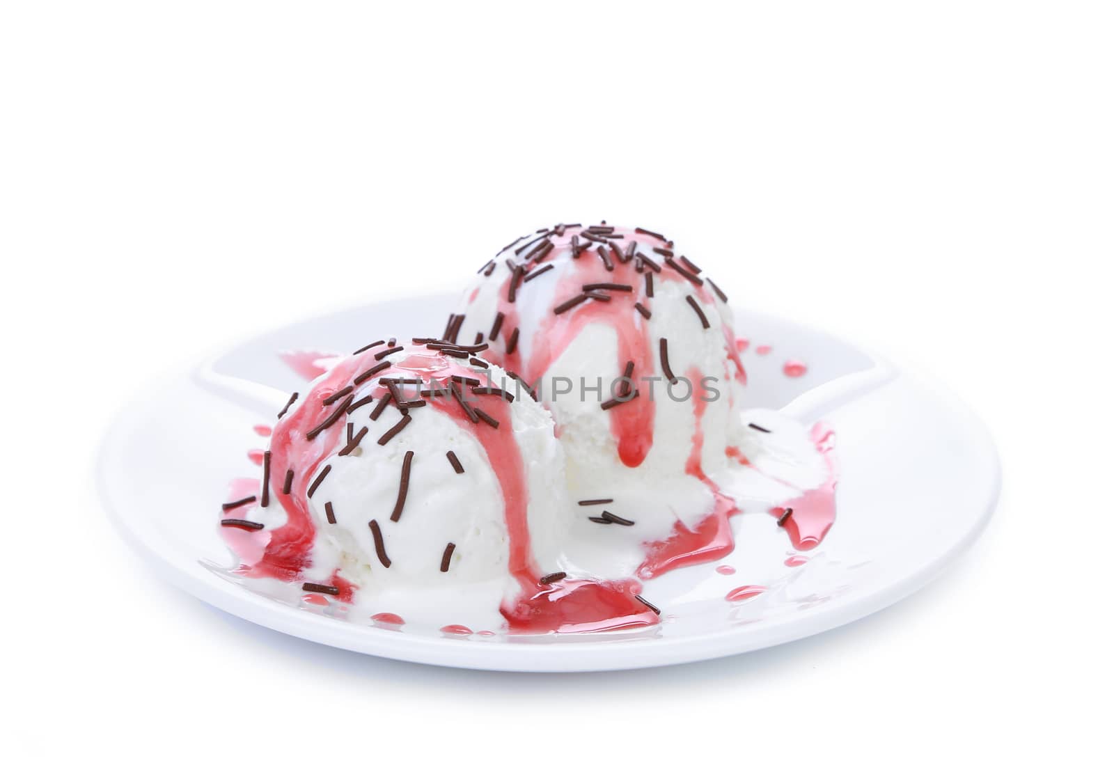 White ice-cream with jam on plate. White background.