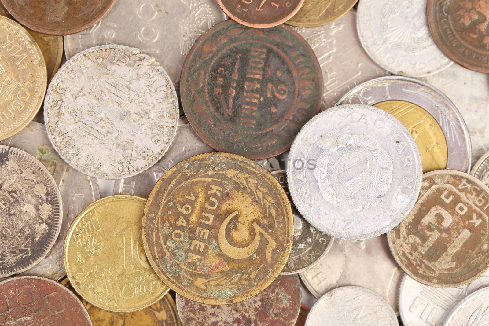 Background of old coins. Close up. Whole background.