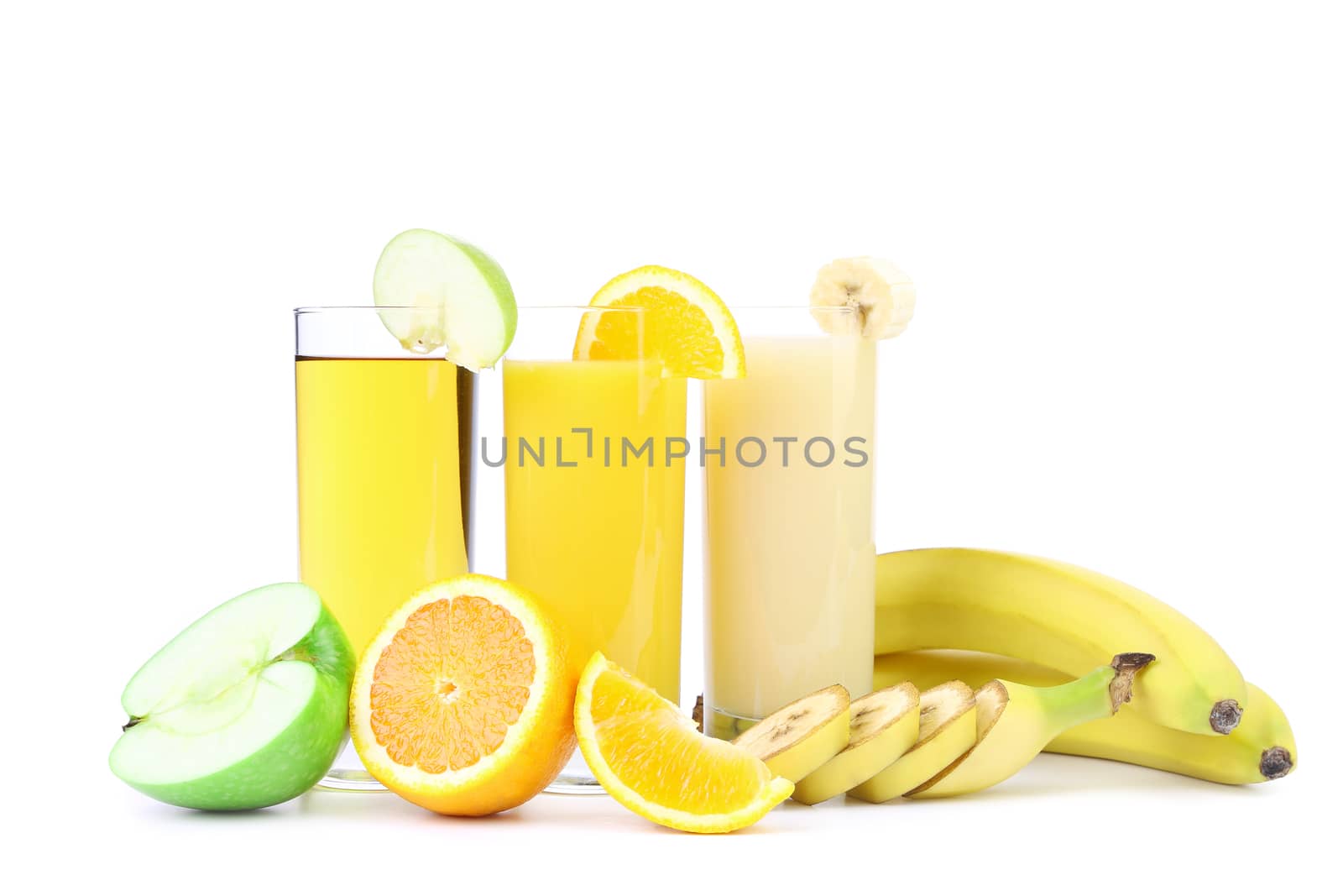 Orange apple and banana juice. White background.