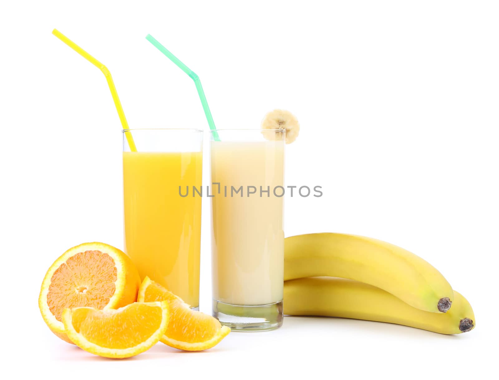 Juices of orange and banana. Fruits. White background.