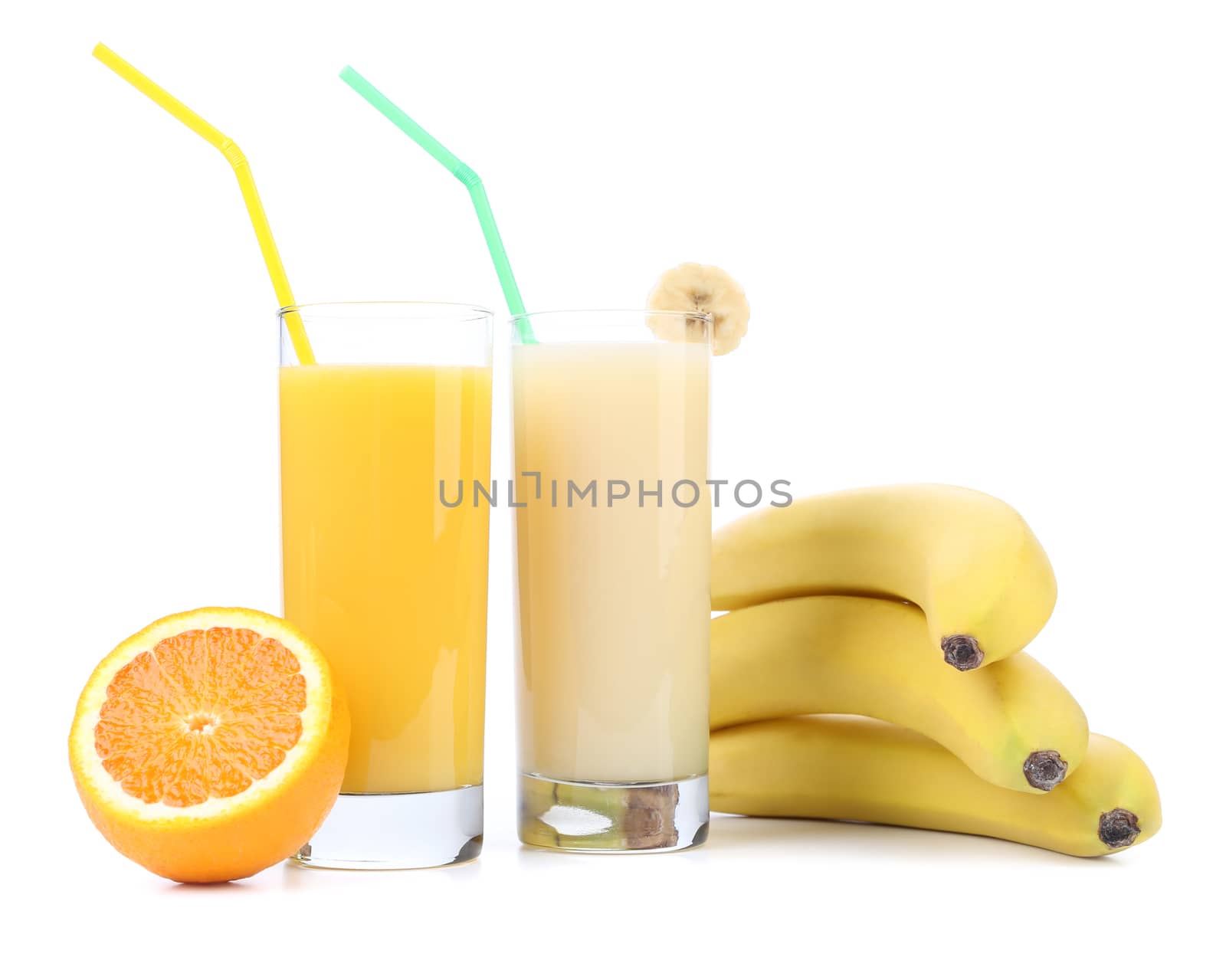 Juices of orange and banana. Fruits. White background.