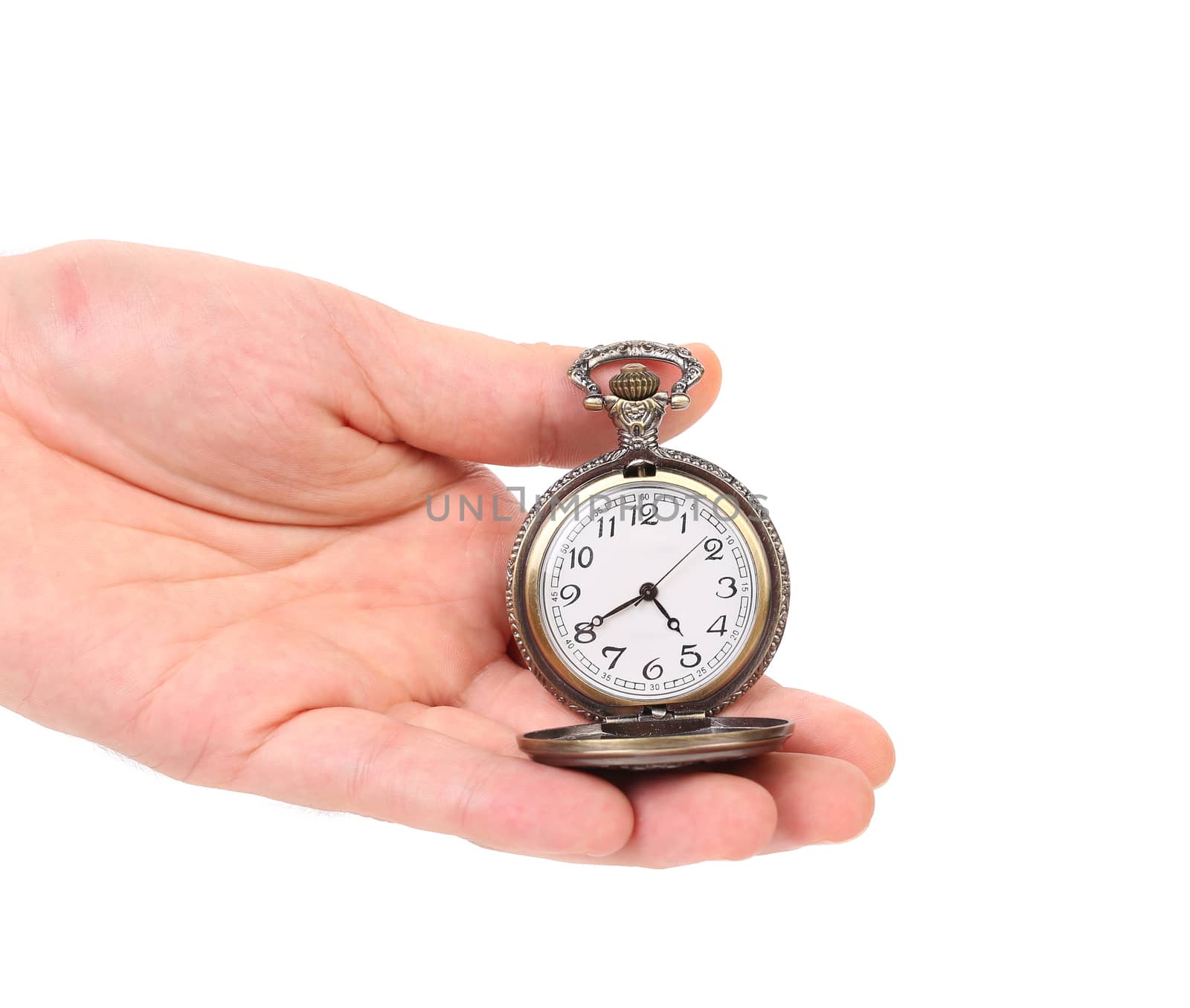 Hand holds opened old watch. White background.