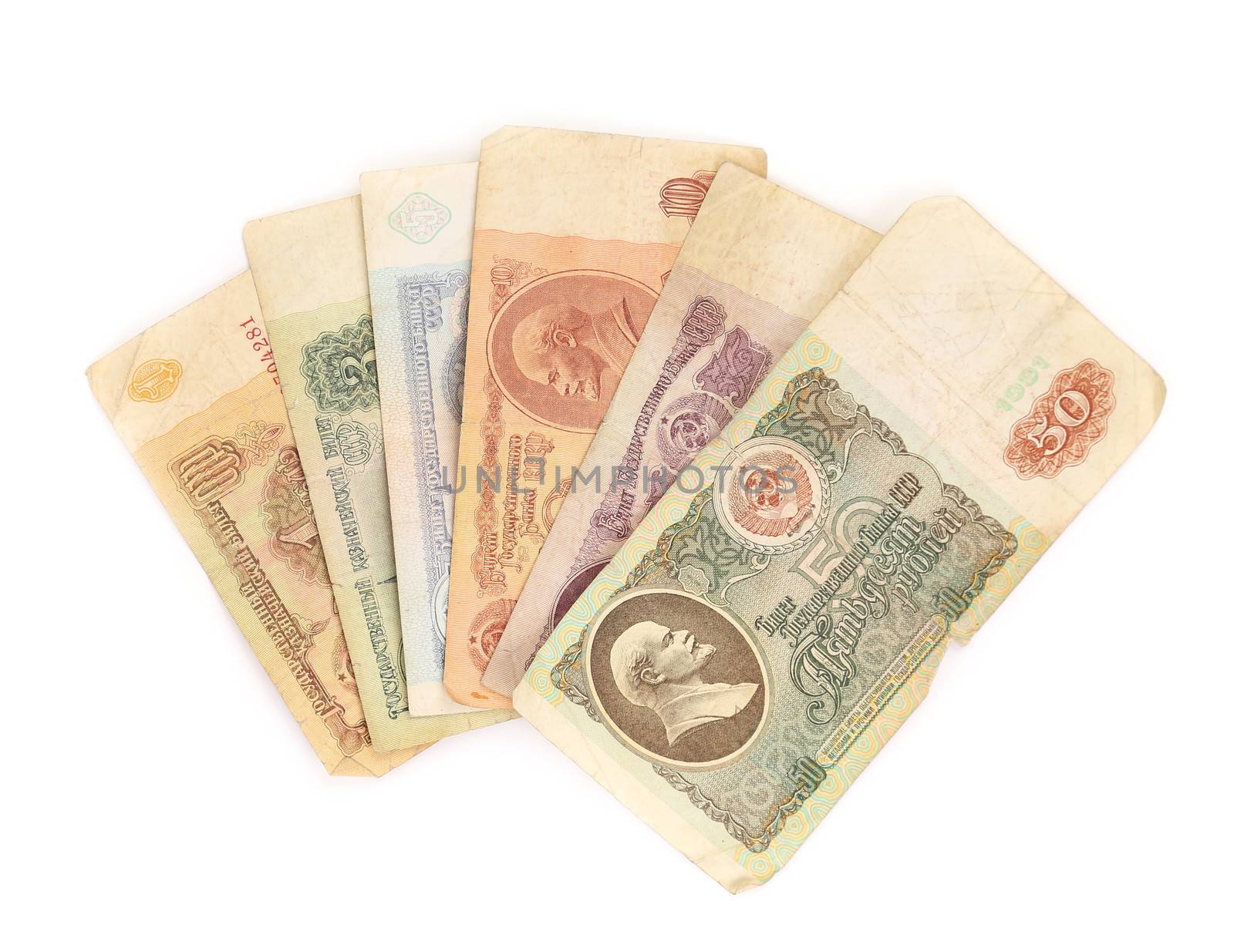 Different rubles banknotes USSR on a white backgound