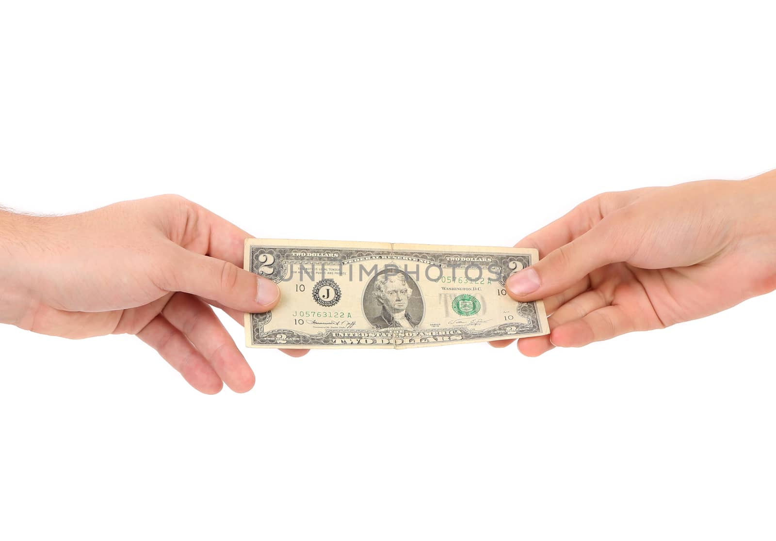 Hand holds american Dollar-bills. Isolated on a white background.