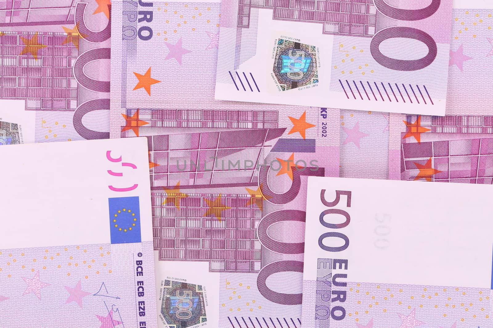 500 euro banknotes background. Close up. Isolated
