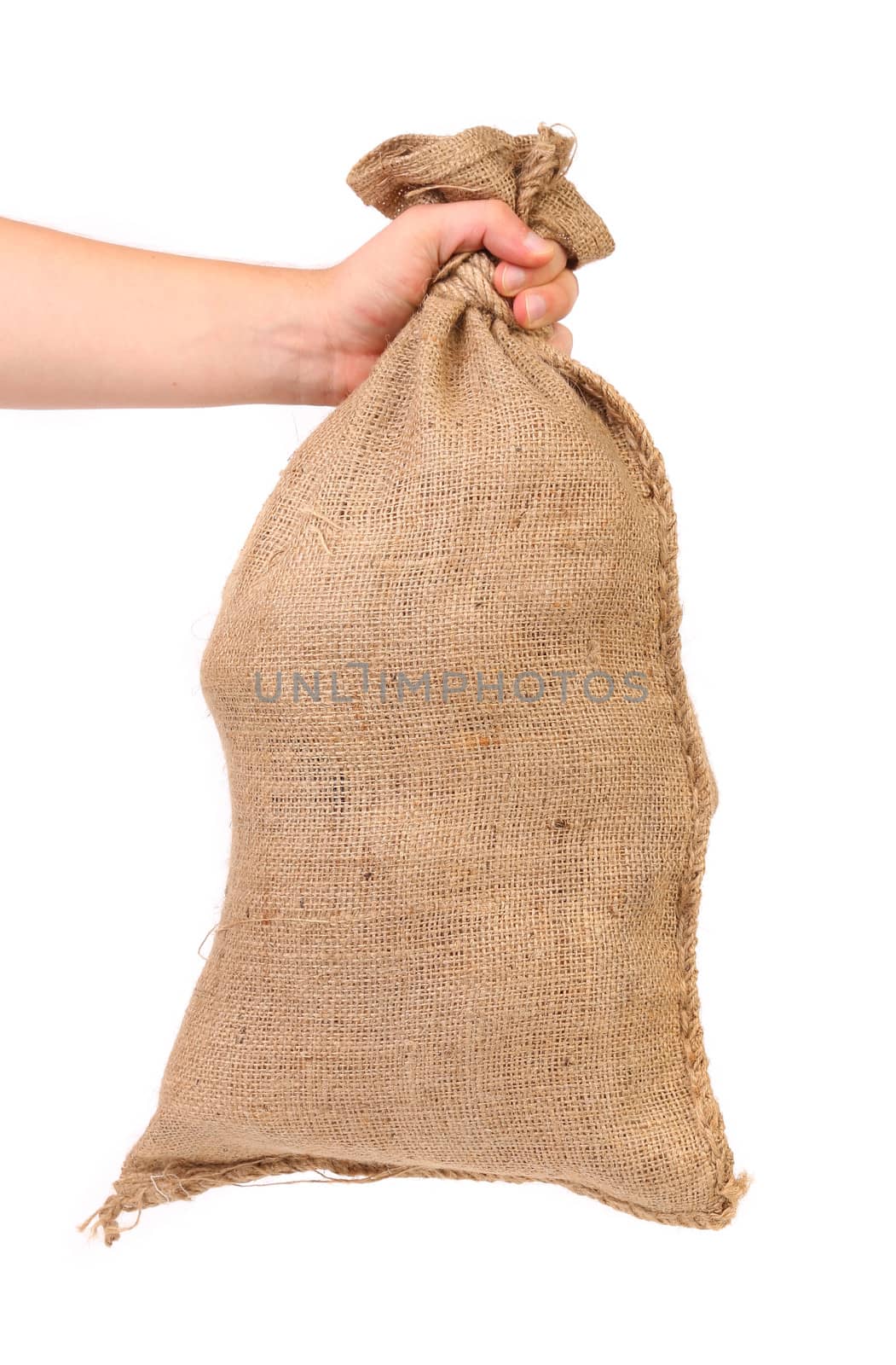 Hands holding dag from a sacking isolated