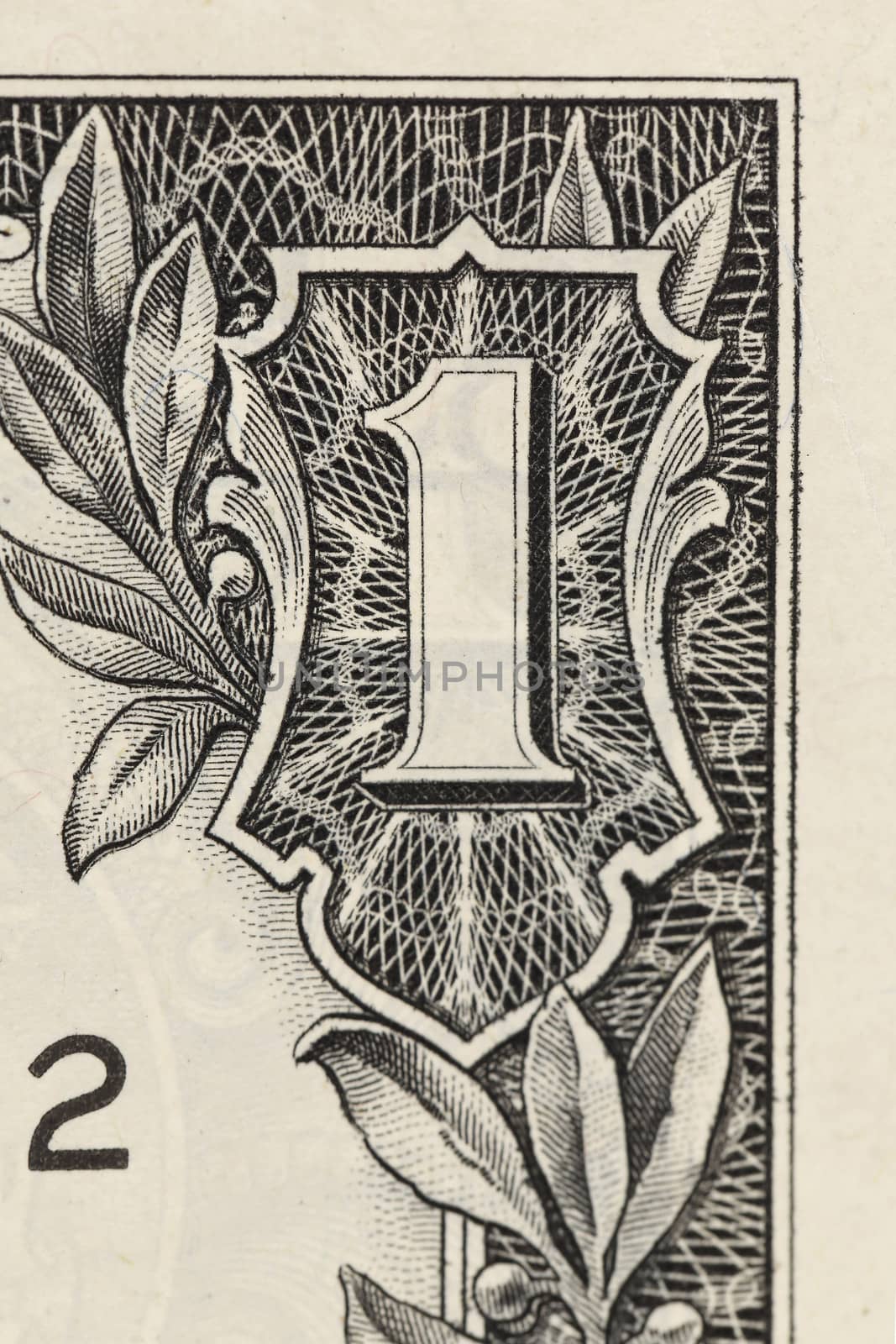 Digit One from dollar banknote close-up. Background