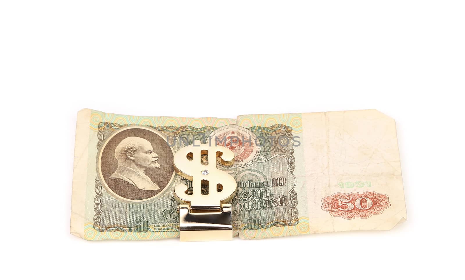 Fifty ruble bill of USSR, grey background, biscuit portrait
