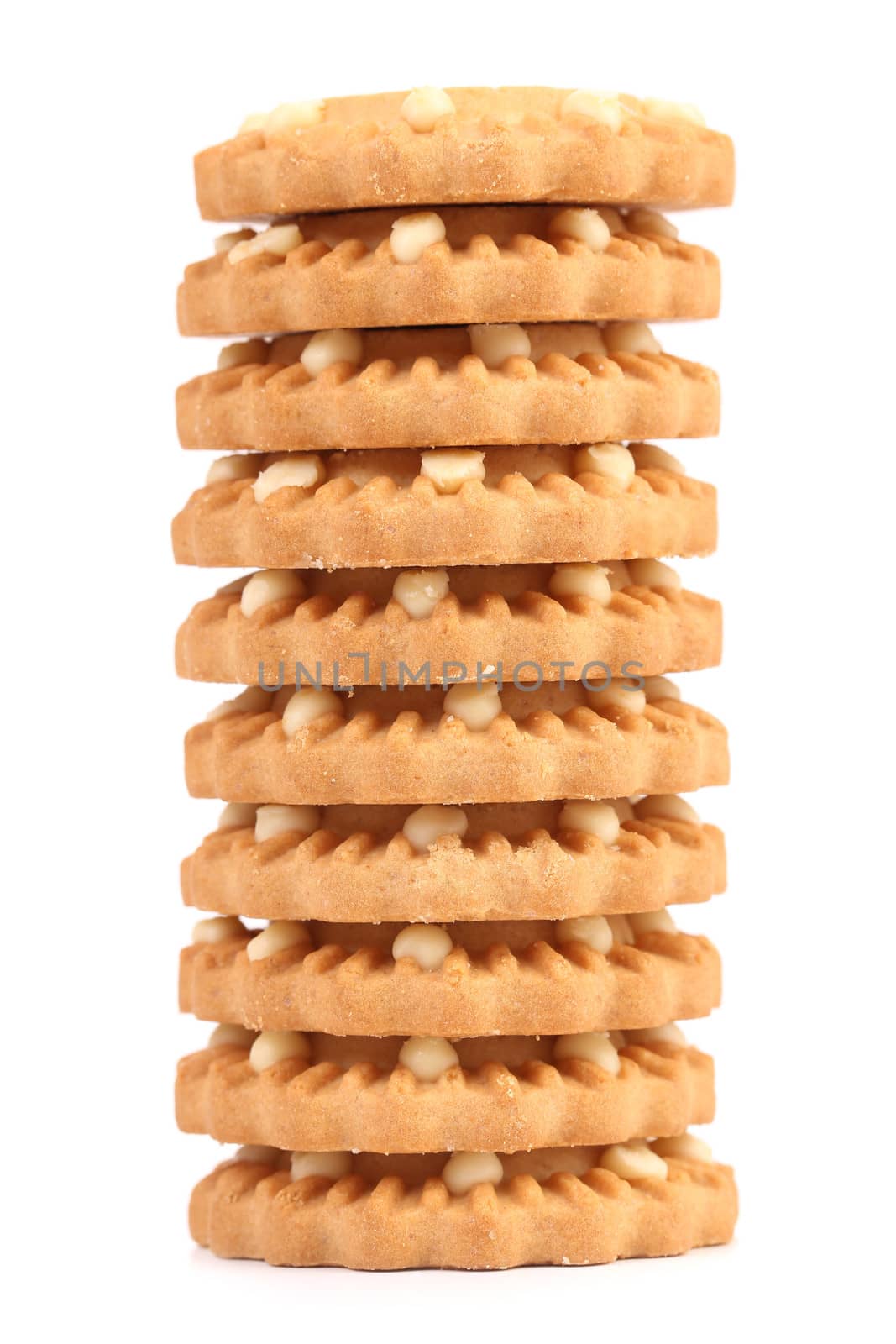 Stack of heart shaped strawberry biscuit. On a white
