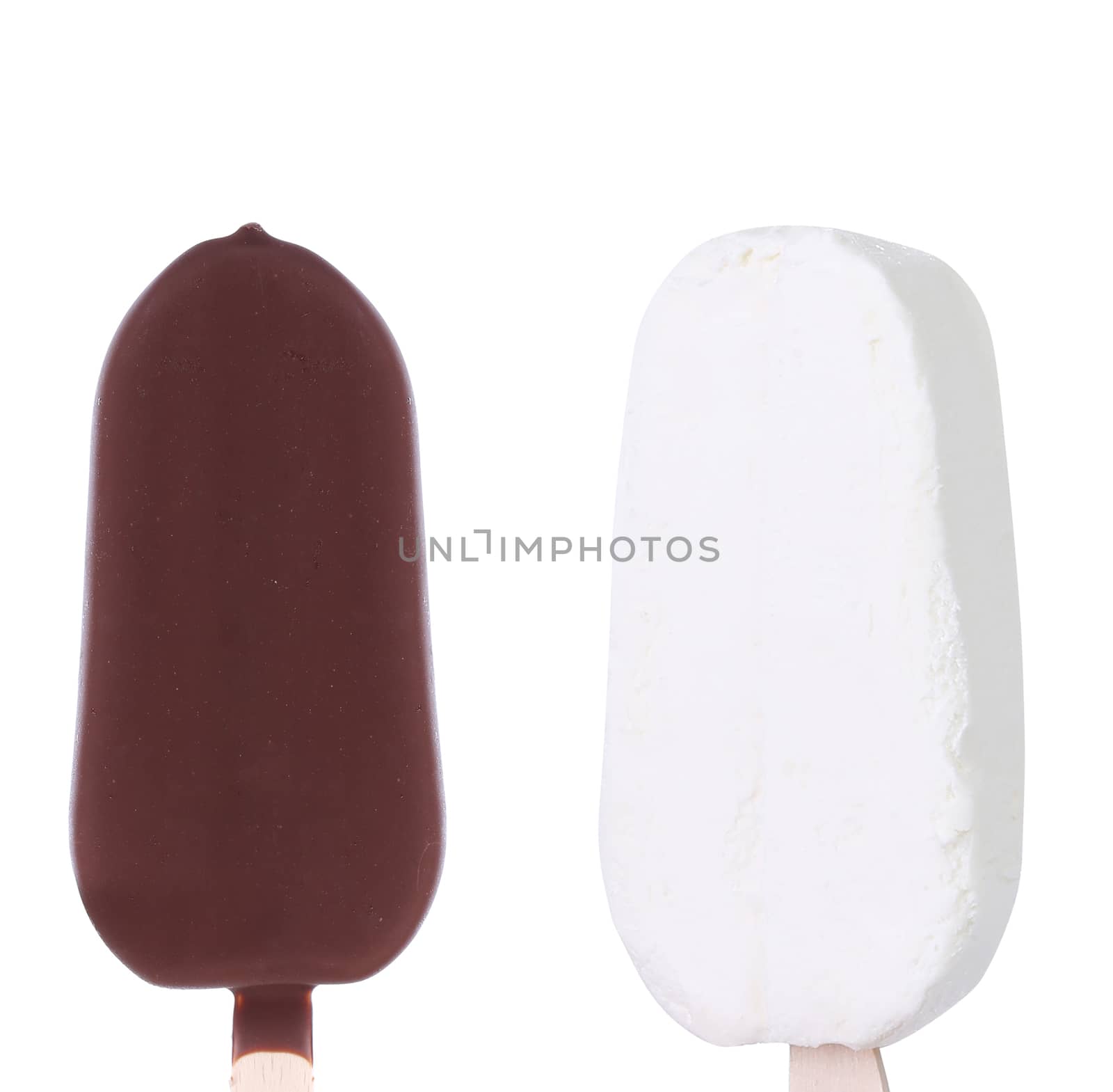 Chocolate and vanilla ice cream. White background.