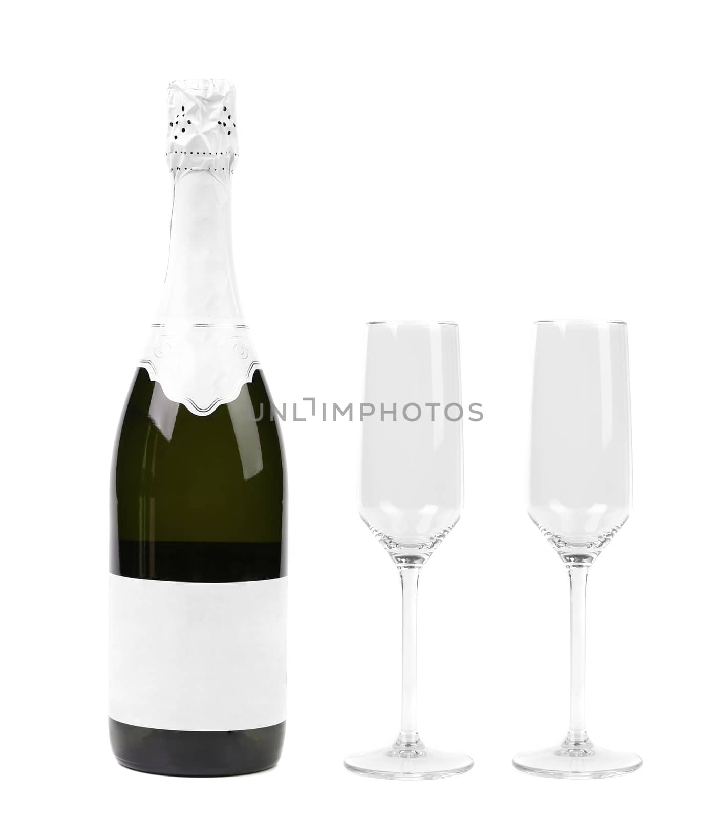 Champagne bottle and two glasses isolated on white