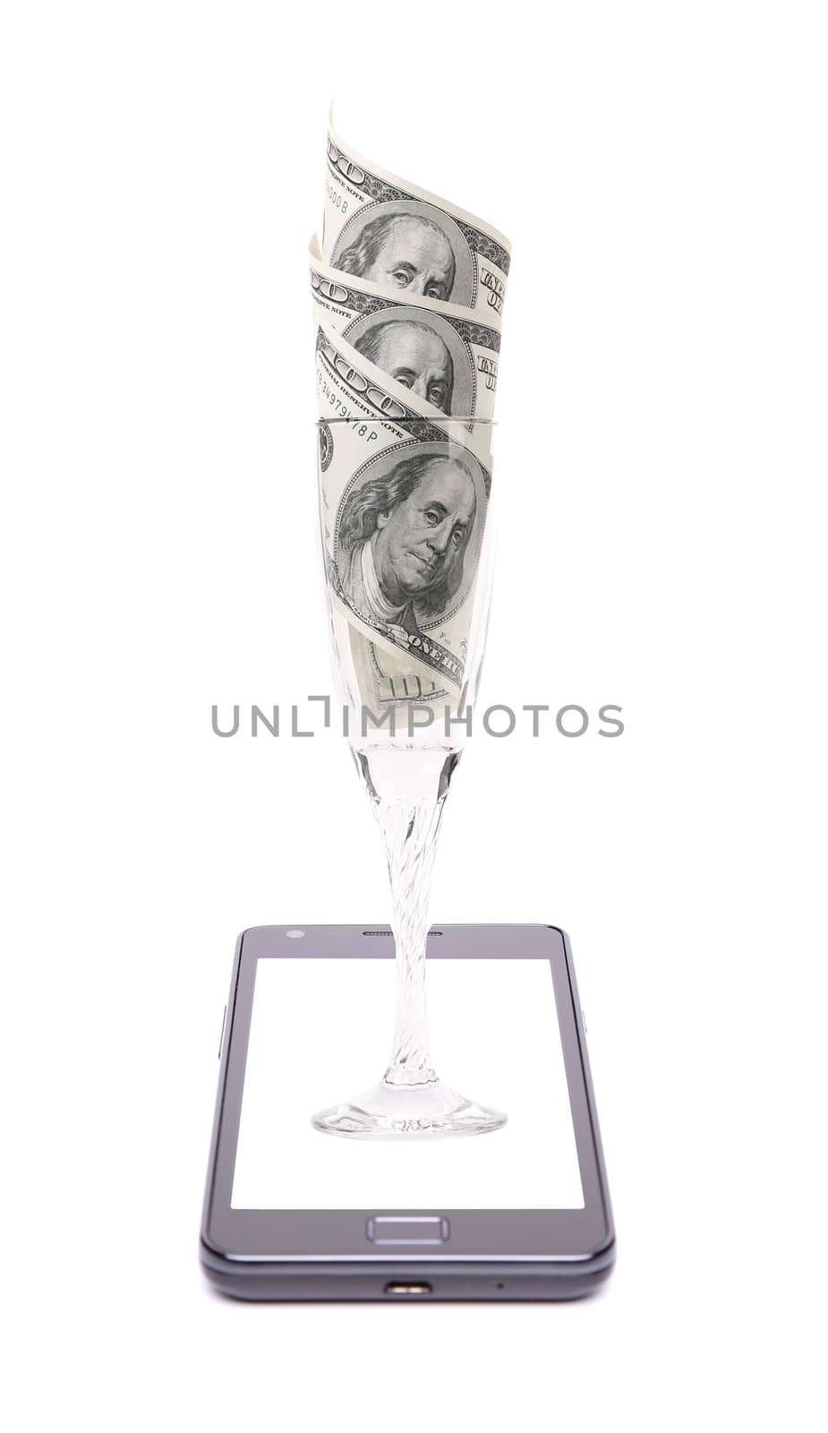 Dollars bills in glass on phone. White background.