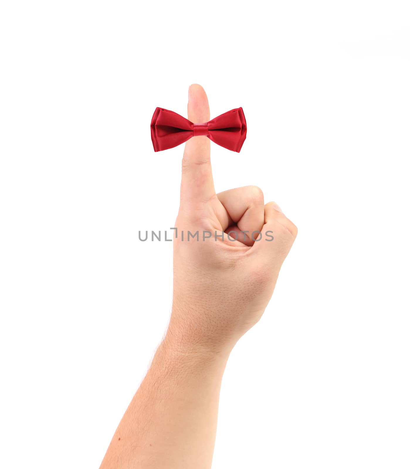 Red bow on finger. Isolated on a white background.