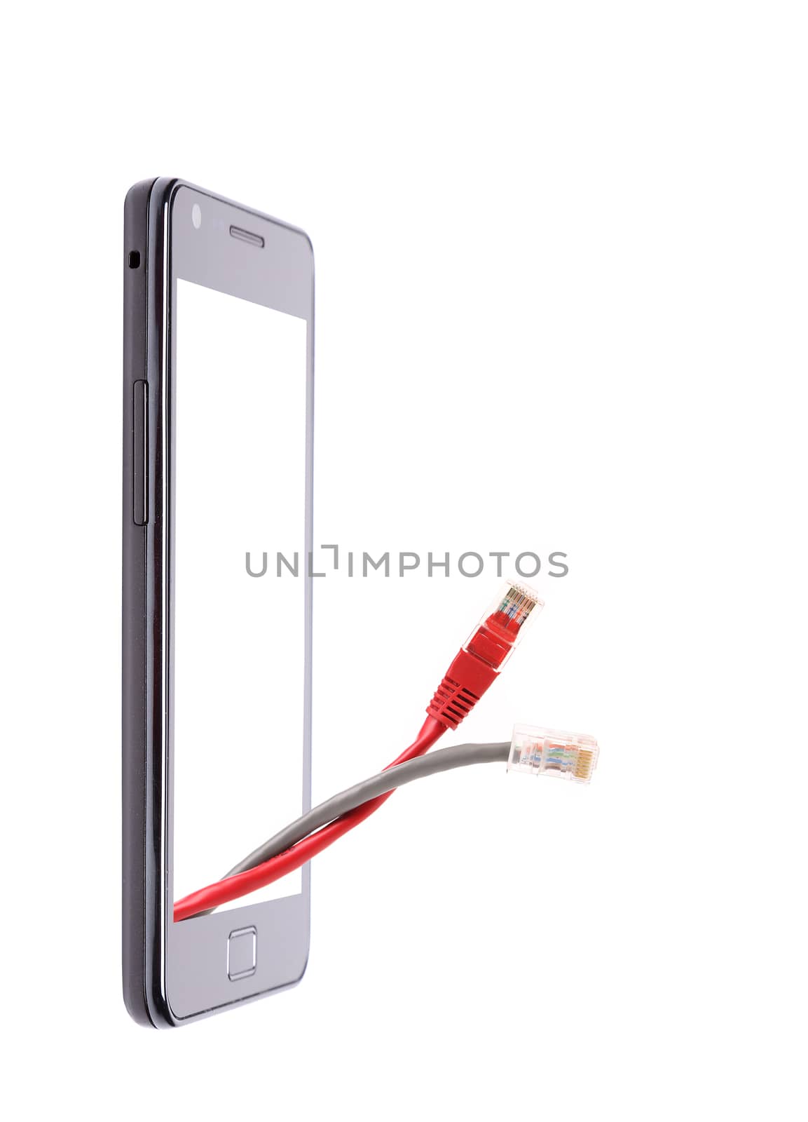 Wire to connect the Internet out of phone. White background.