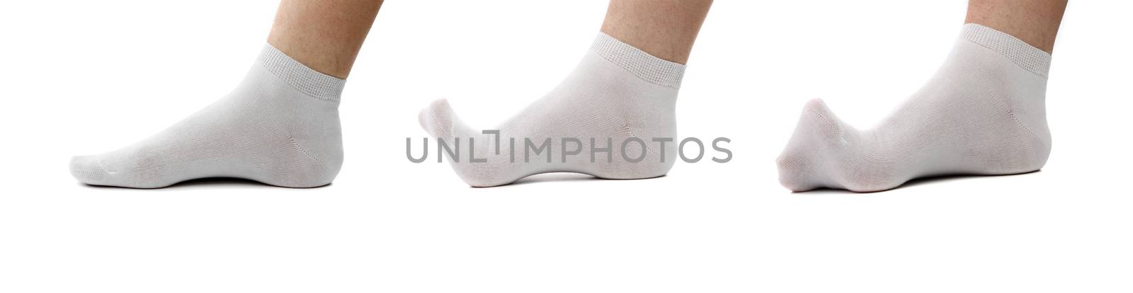 Collage socks on foot. Isolated on a white background.