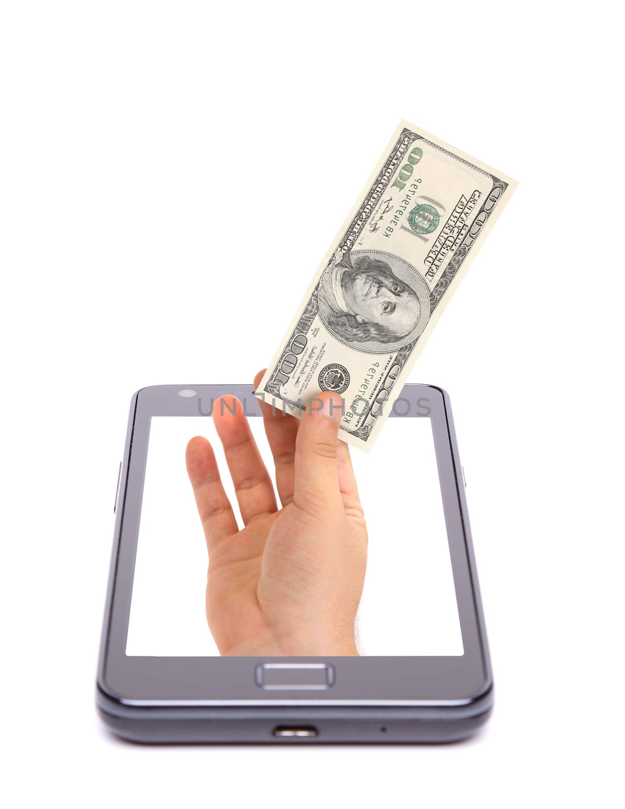Hand and dollars bill out of phone. White background.
