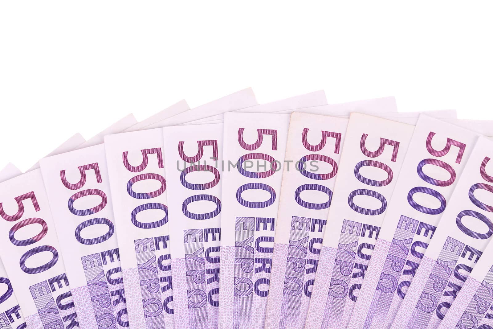 Fan of fifty handred euro bills. White background.